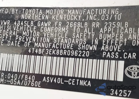 2011 Toyota Camry Le from USA, damaged, VIN 4T4BF3EK8BR096220